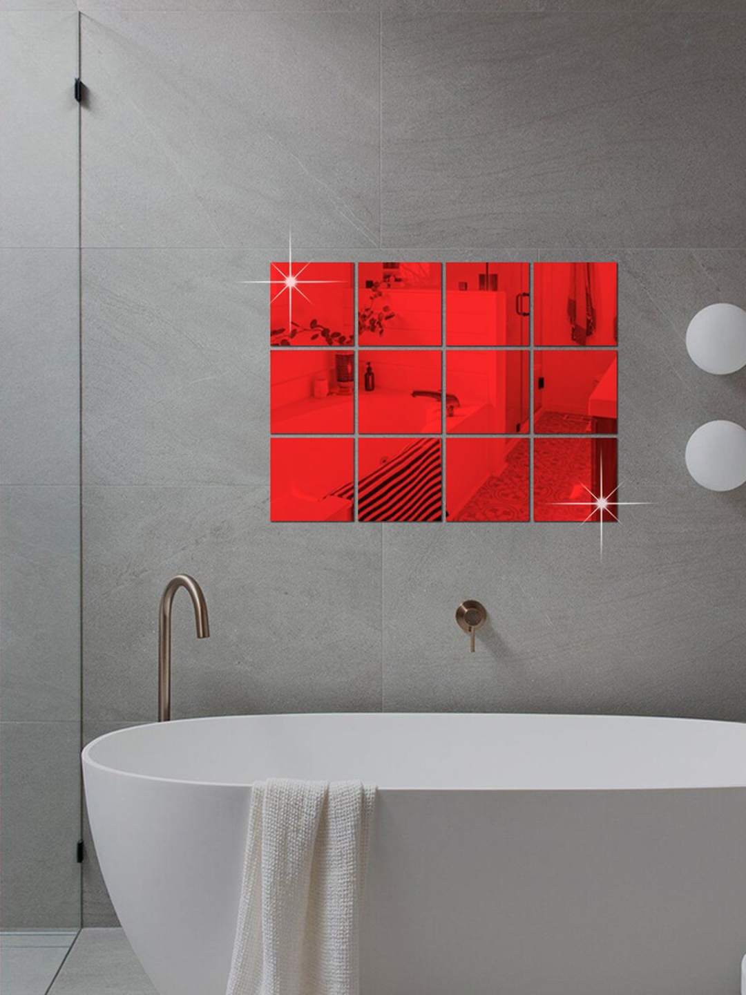 

WallDaddy Red 12 Pieces Self-Adhesive Square Mirror Wall Stickers