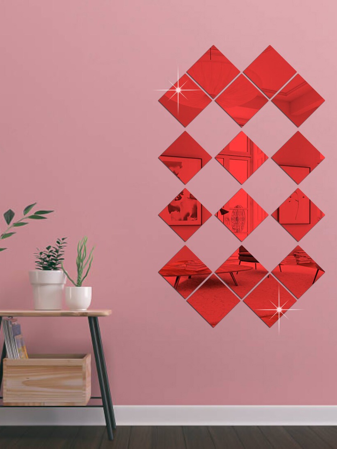 

WallDaddy Red 16 Pieces Acrylic Self-Adhesive Square Mirror Wall Stickers