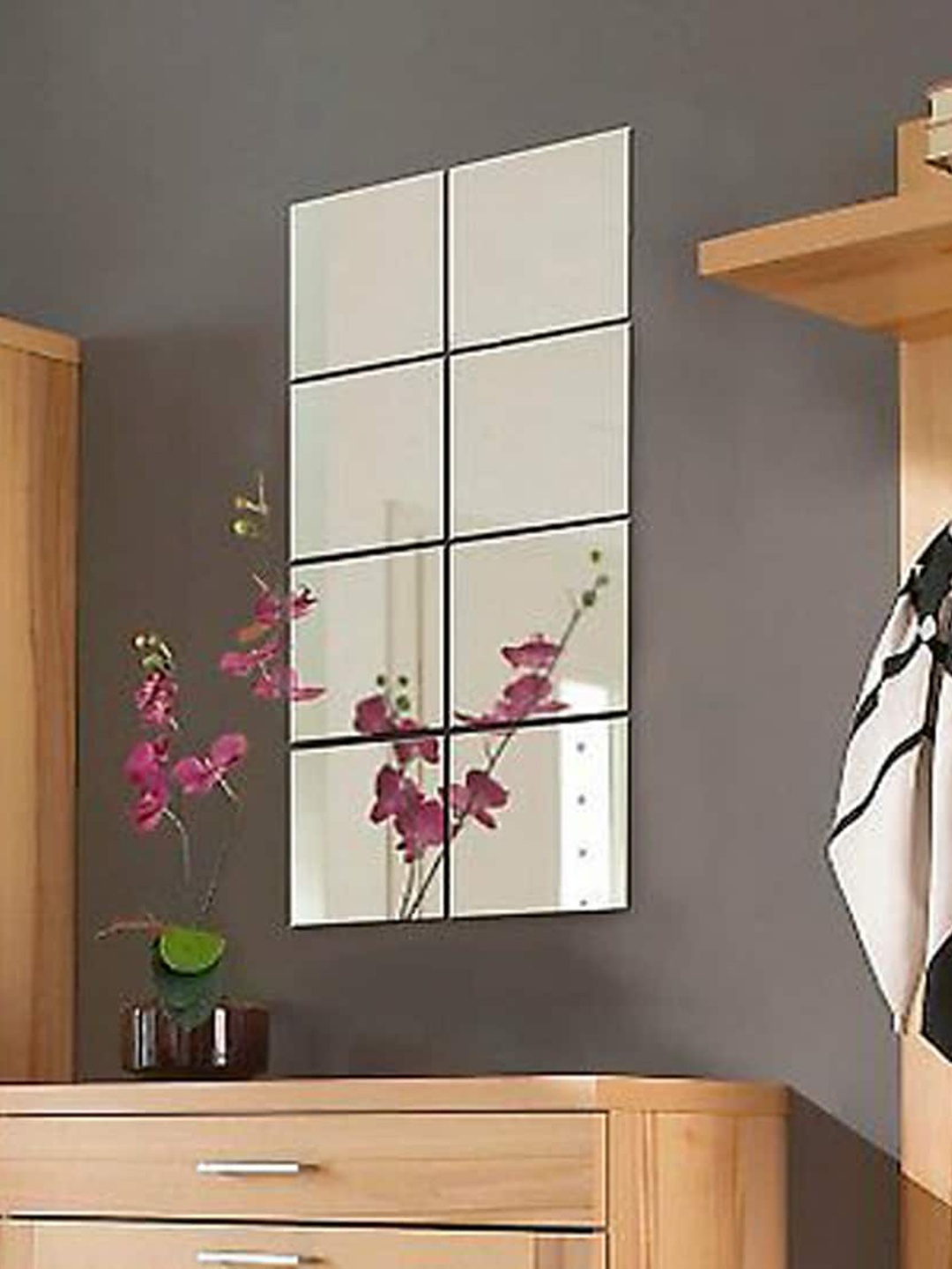 

WallDaddy Silver Toned 8 Pieces Acrylic Self-Adhesive Square Mirror Wall Stickers, Grey