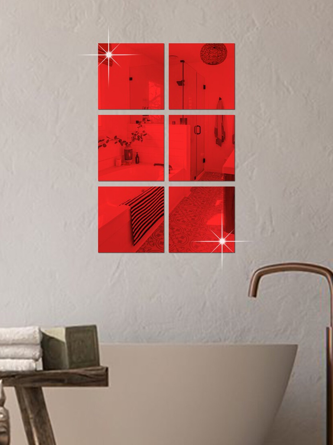 

WallDaddy Red 6 Pieces Acrylic Self-Adhesive Square Mirror Wall Stickers