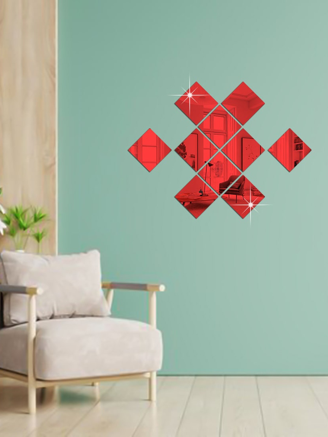 

WallDaddy Red 10 Pieces Self-Adhesive Square Mirror Wall Stickers