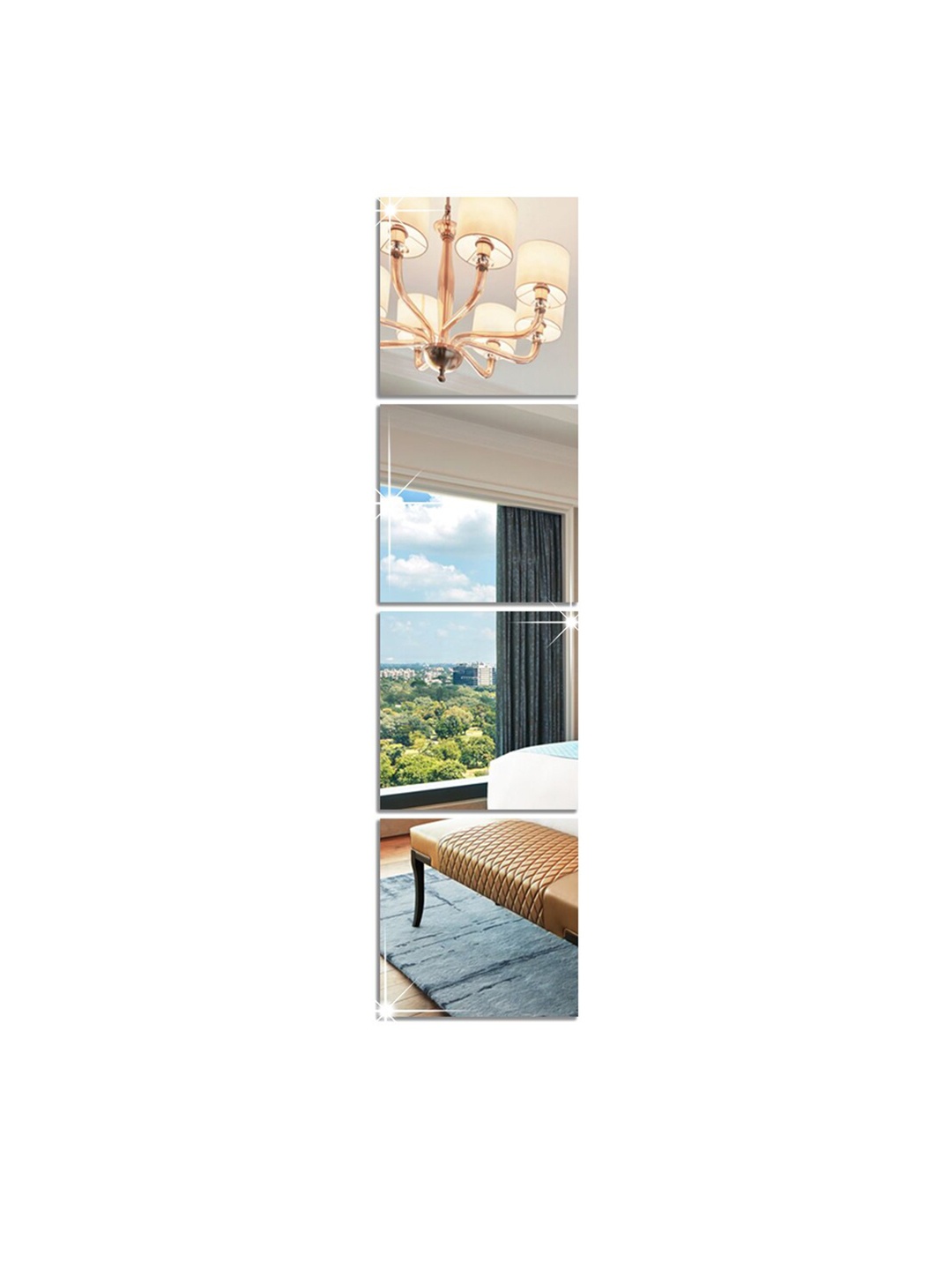 

WallDaddy Silver Toned 4 Pieces Self-Adhesive Square Mirror Wall Stickers, Grey