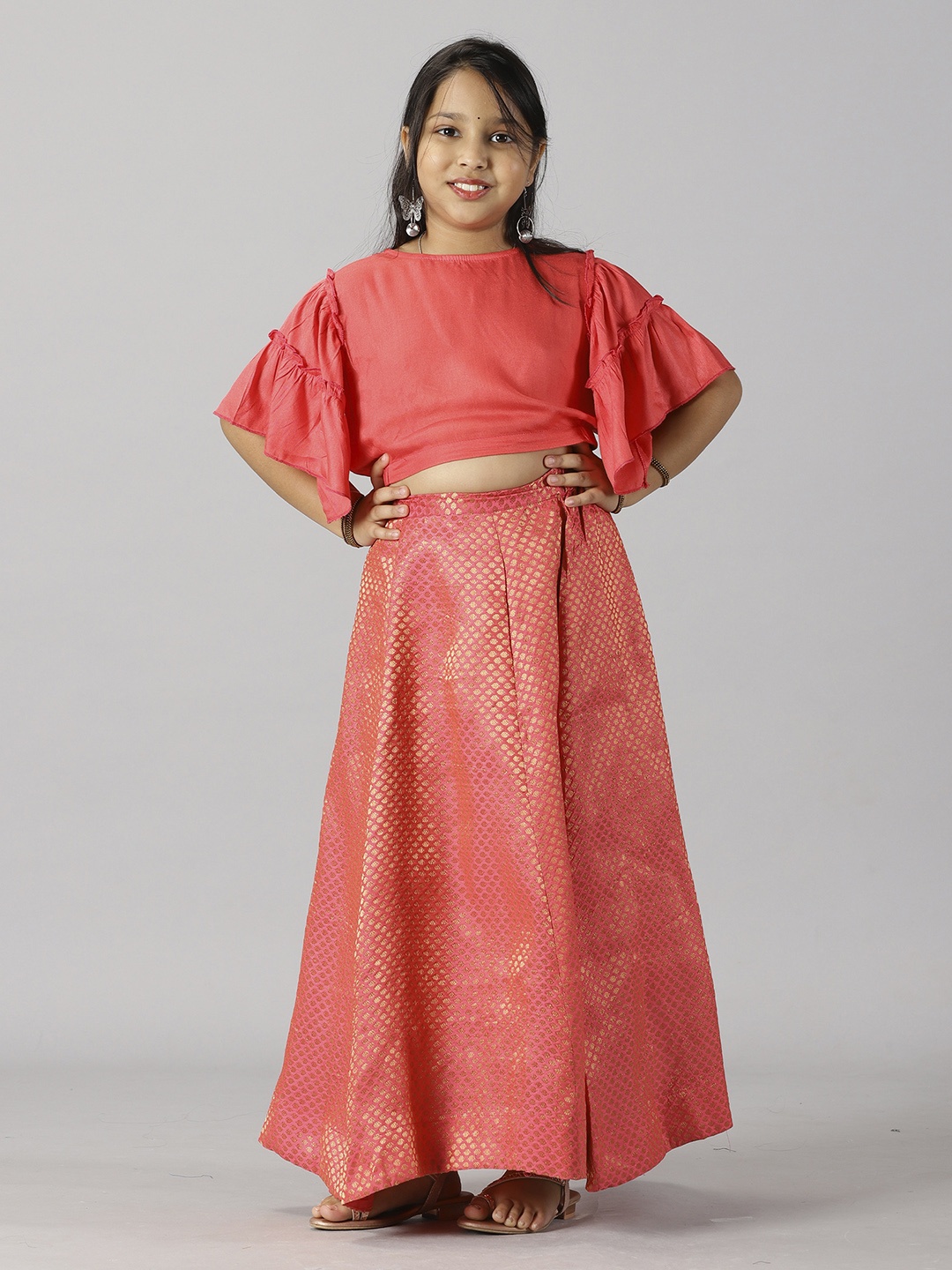 

KiddoPanti Girls Woven Design Ready to Wear Lehenga & Choli, Coral