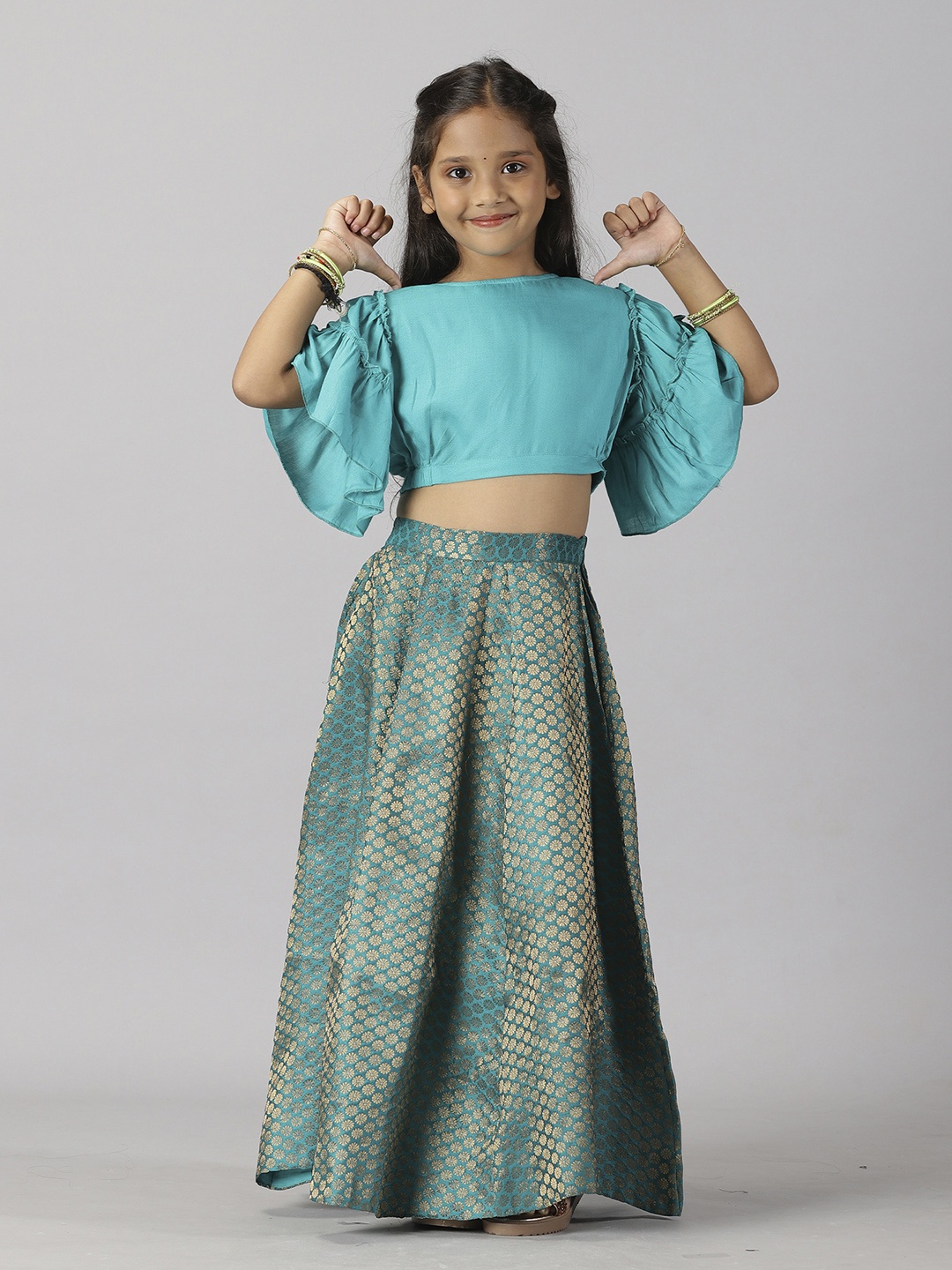 

KiddoPanti Girls Woven Design Ready to Wear Lehenga Choli, Turquoise blue