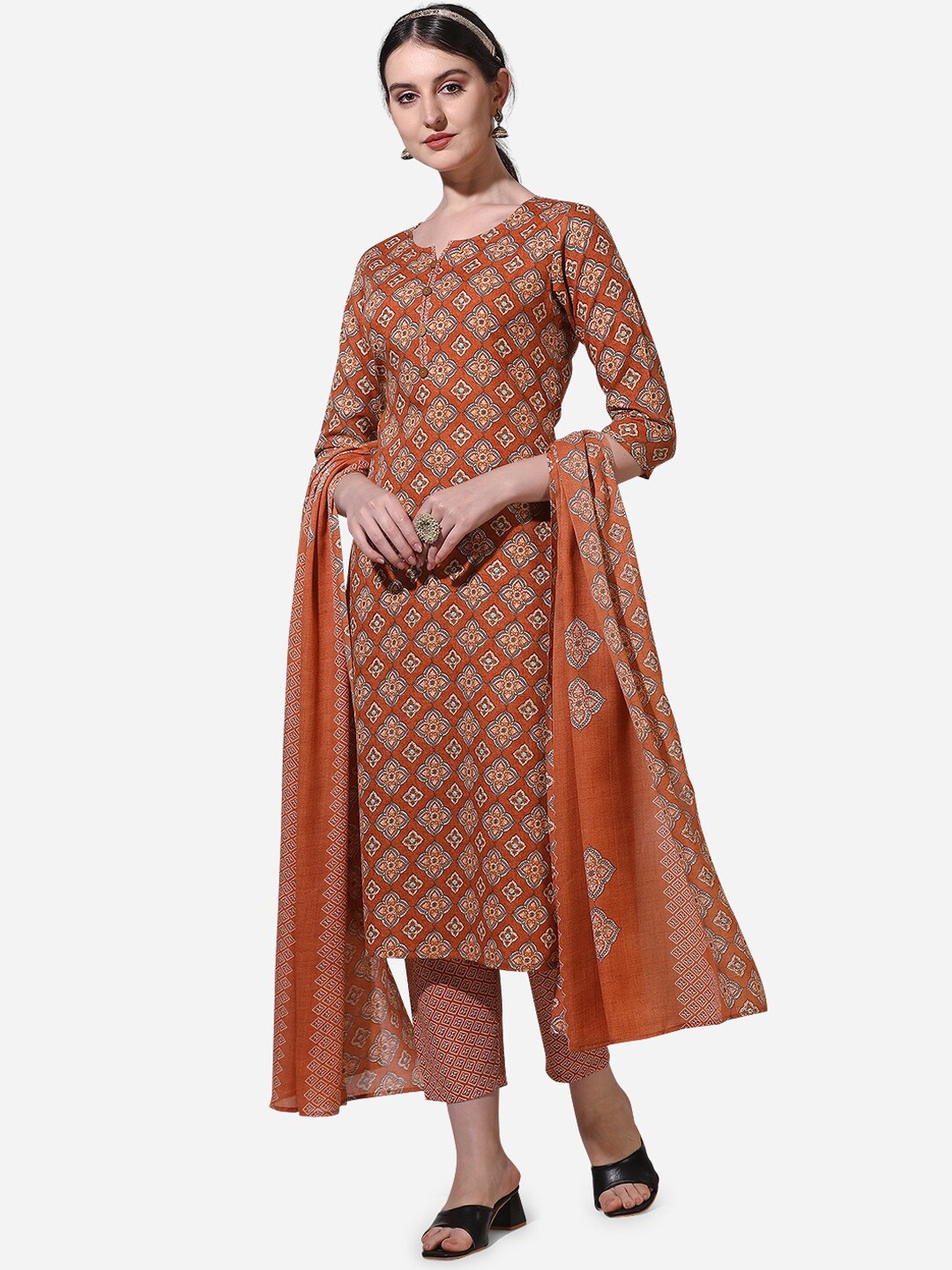 

KALINI Ethnic Motifs Printed Pure Cotton Kurta with Trousers & With Dupatta, Rust