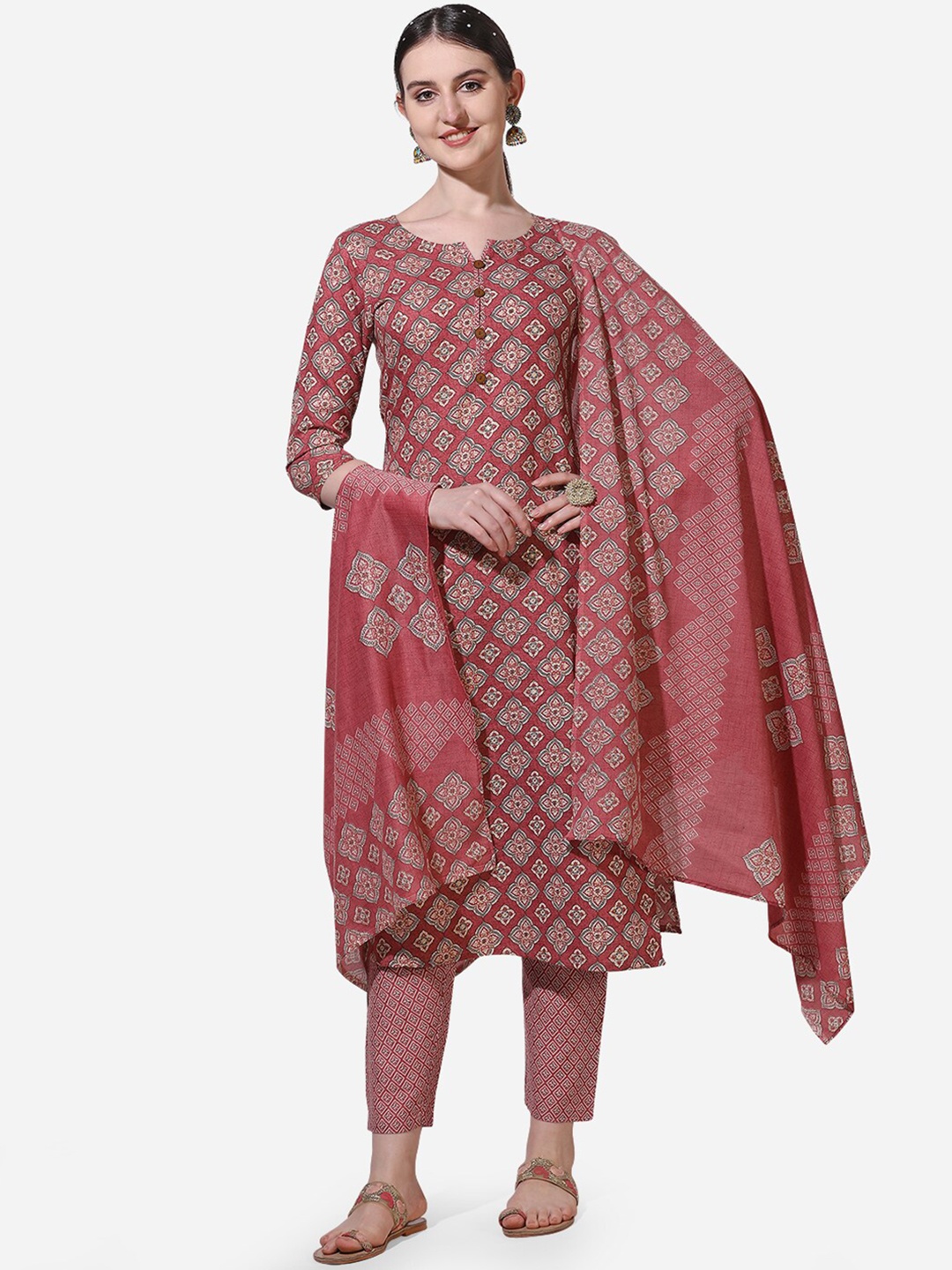 

KALINI Ethnic Motifs Printed Pure Cotton Kurta with Trousers & With Dupatta, Pink