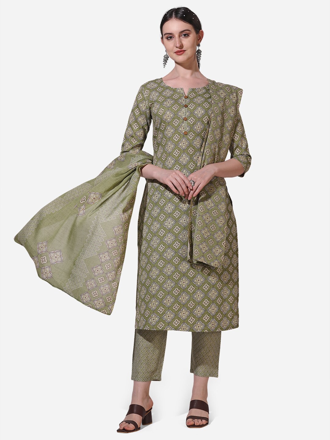 

KALINI Ethnic Motifs Printed Pure Cotton Kurta with Trousers & With Dupatta, Green
