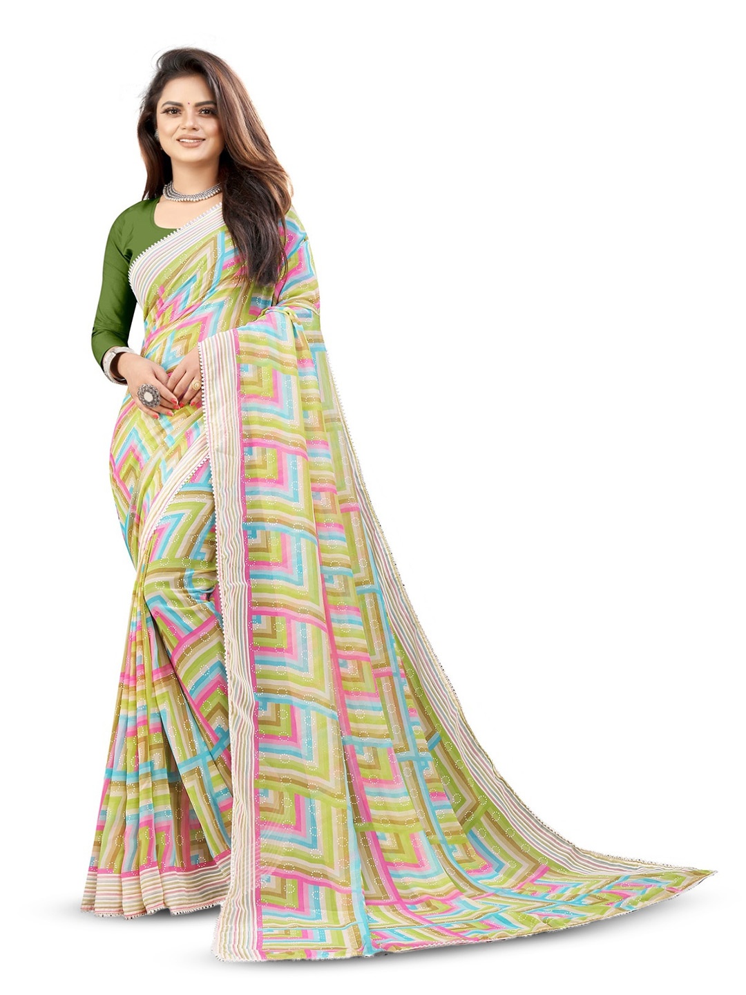 

VEDANT VASTRAM Printed Pure Georgette Block Print Saree, Green