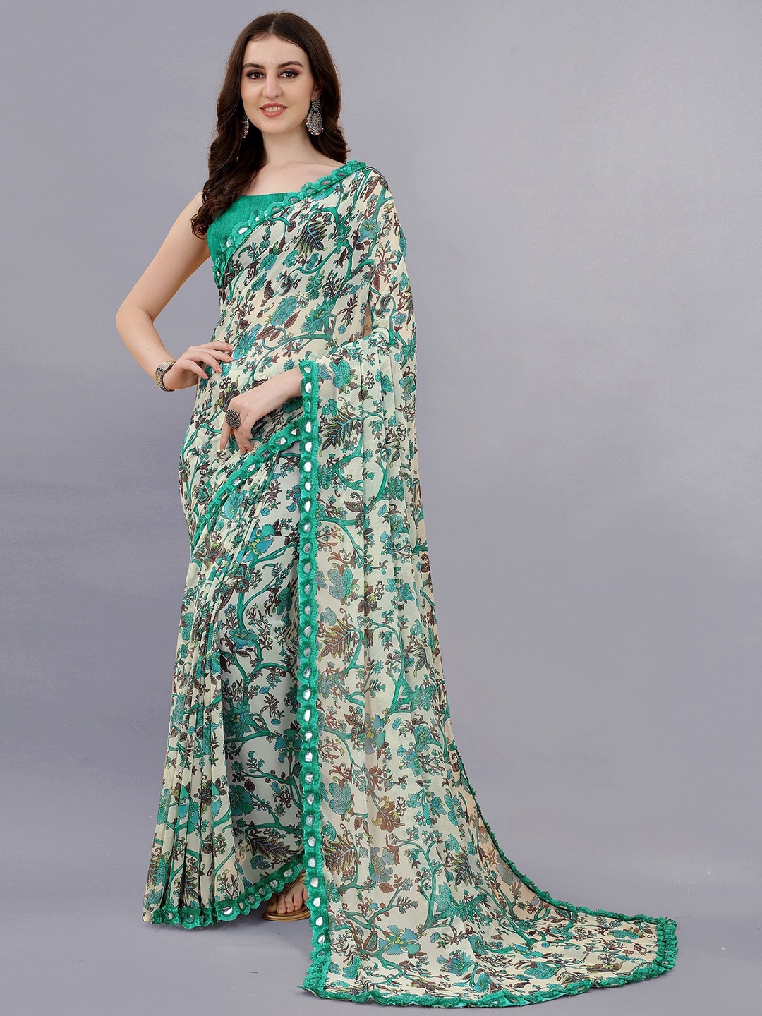 

VEDANT VASTRAM Floral Printed Mirror Work Pure Georgette Mysore Silk Saree, White