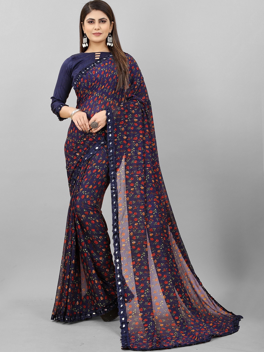 

VEDANT VASTRAM Floral Printed Mirror Work Pure Georgette Mysore Silk Saree, Blue
