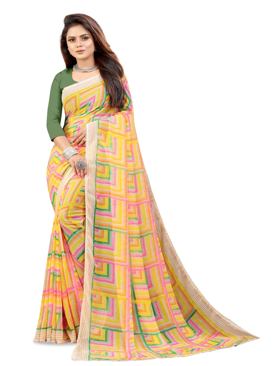 

VEDANT VASTRAM Printed Pure Georgette Block Print Saree, Yellow