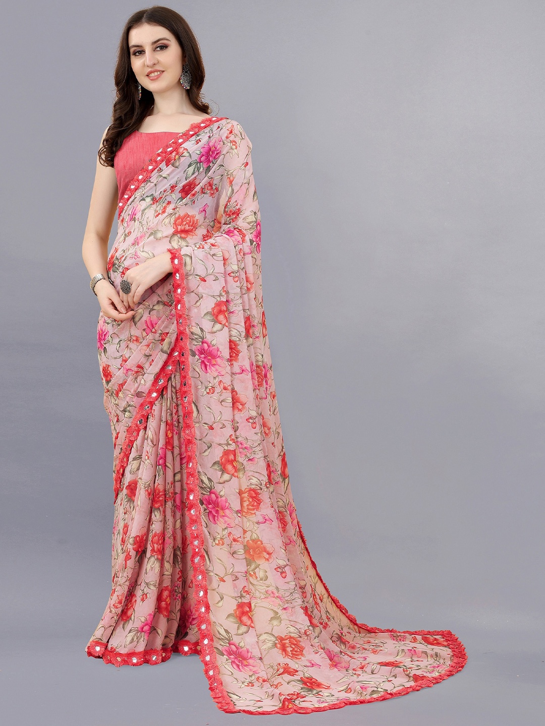 

VEDANT VASTRAM Floral Printed Mirror Work Pure Georgette Mysore Silk Saree, Pink