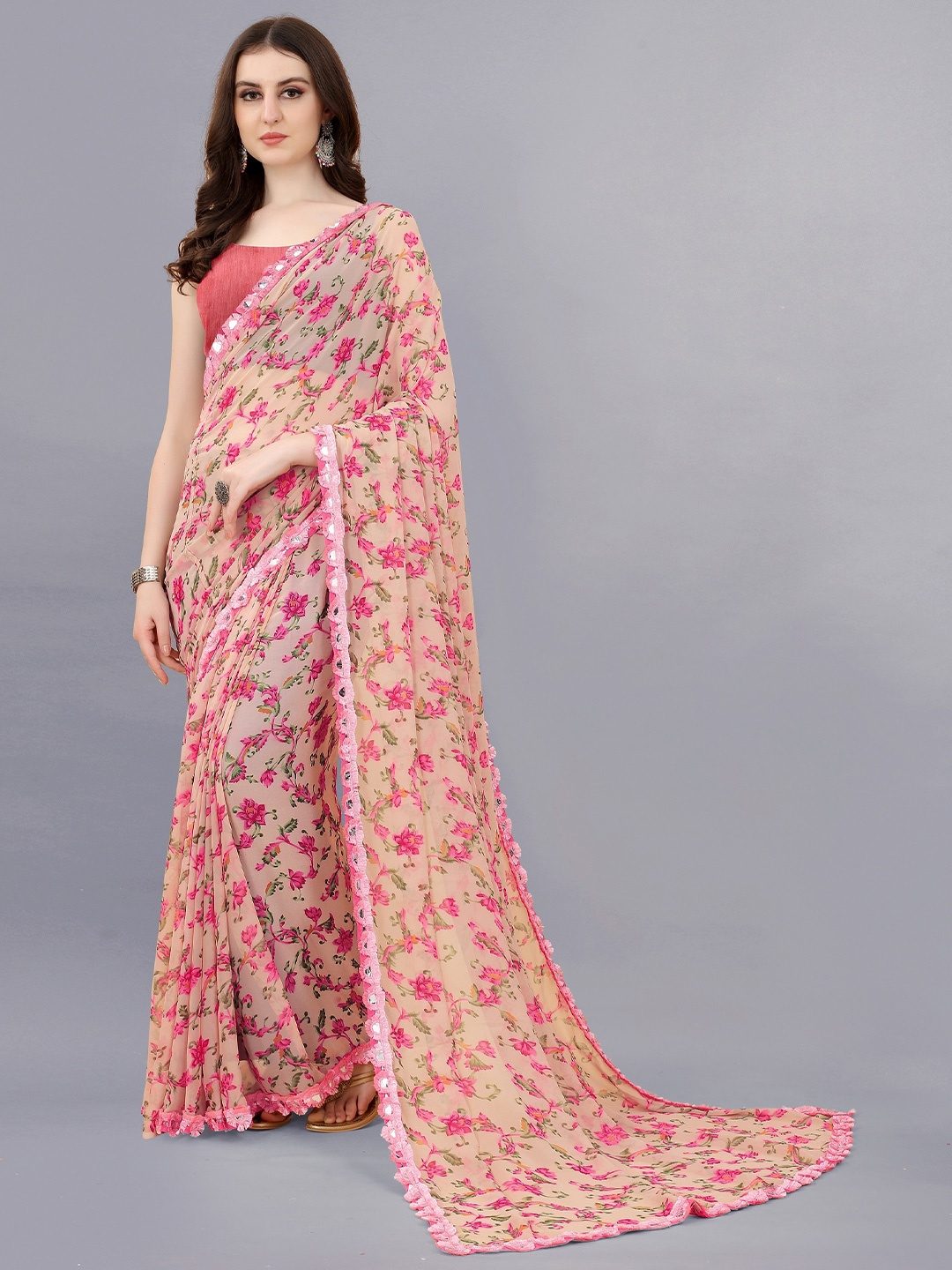 

VEDANT VASTRAM Floral Printed Mirror Work Pure Georgette Mysore Silk Saree, Pink