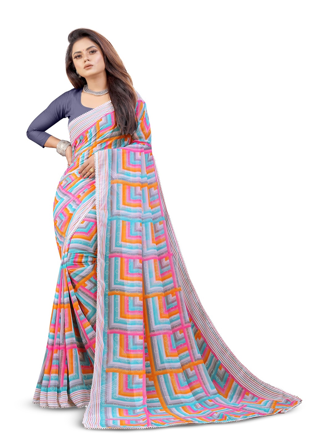 

VEDANT VASTRAM Printed Pure Georgette Block Print Saree, Blue