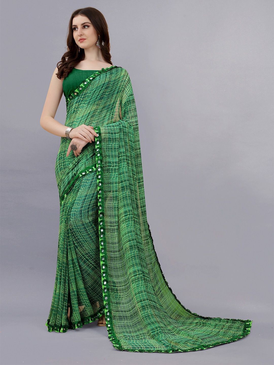 VEDANT VASTRAM Striped Mirror Work Pure Georgette Mysore Silk Saree, Green