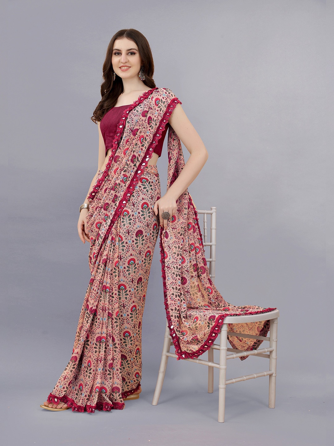 VEDANT VASTRAM Floral Printed Mirror Work Pure Georgette Mysore Silk Saree, Red