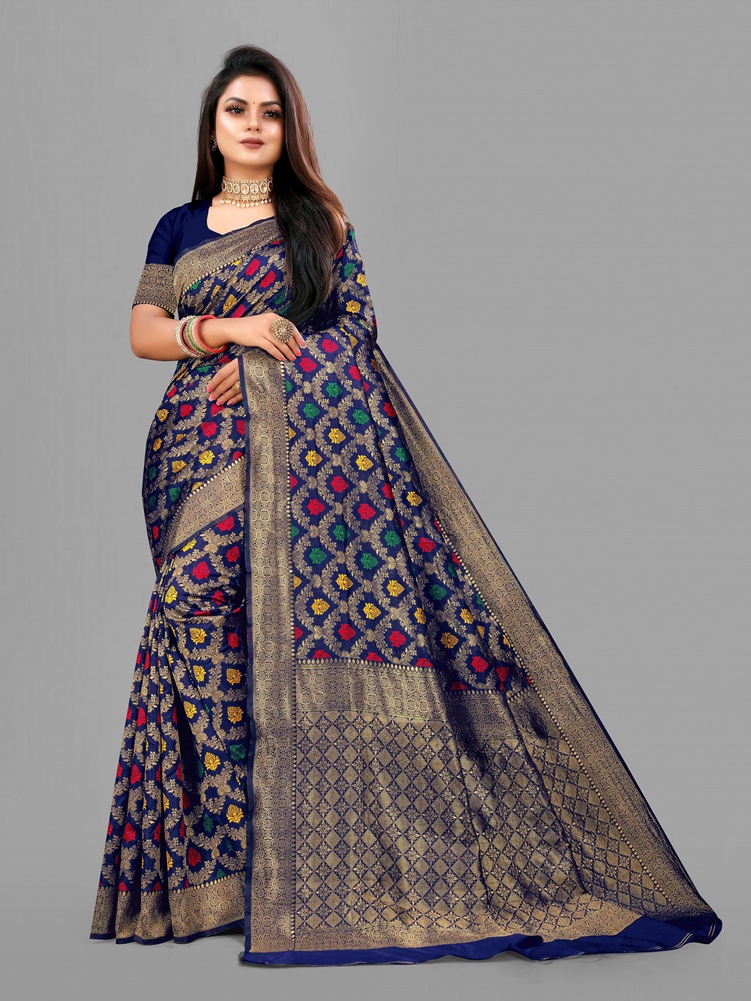 

VEDANT VASTRAM Ethnic Motifs Woven Design Zari Banarasi Saree, Navy blue