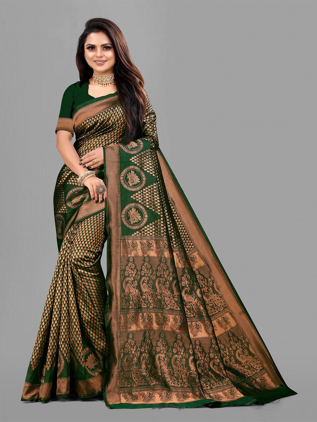 

VEDANT VASTRAM Ethnic Motifs Woven Design Zari Designer Banarasi Saree, Green