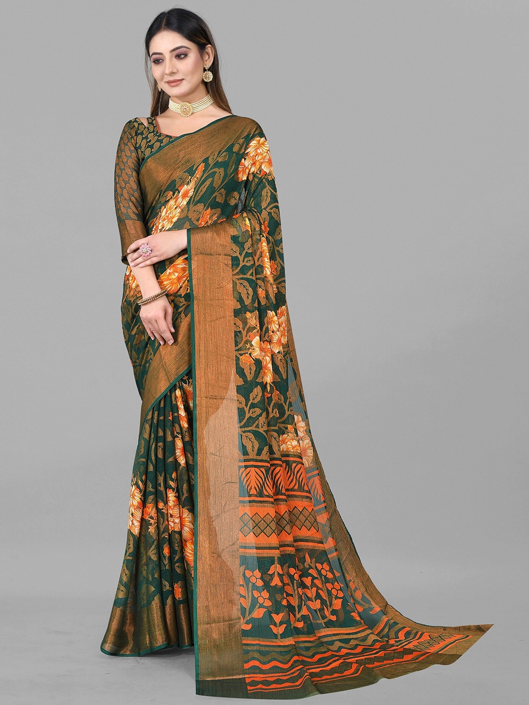 

VEDANT VASTRAM Floral Printed Zari Designer Saree, Orange
