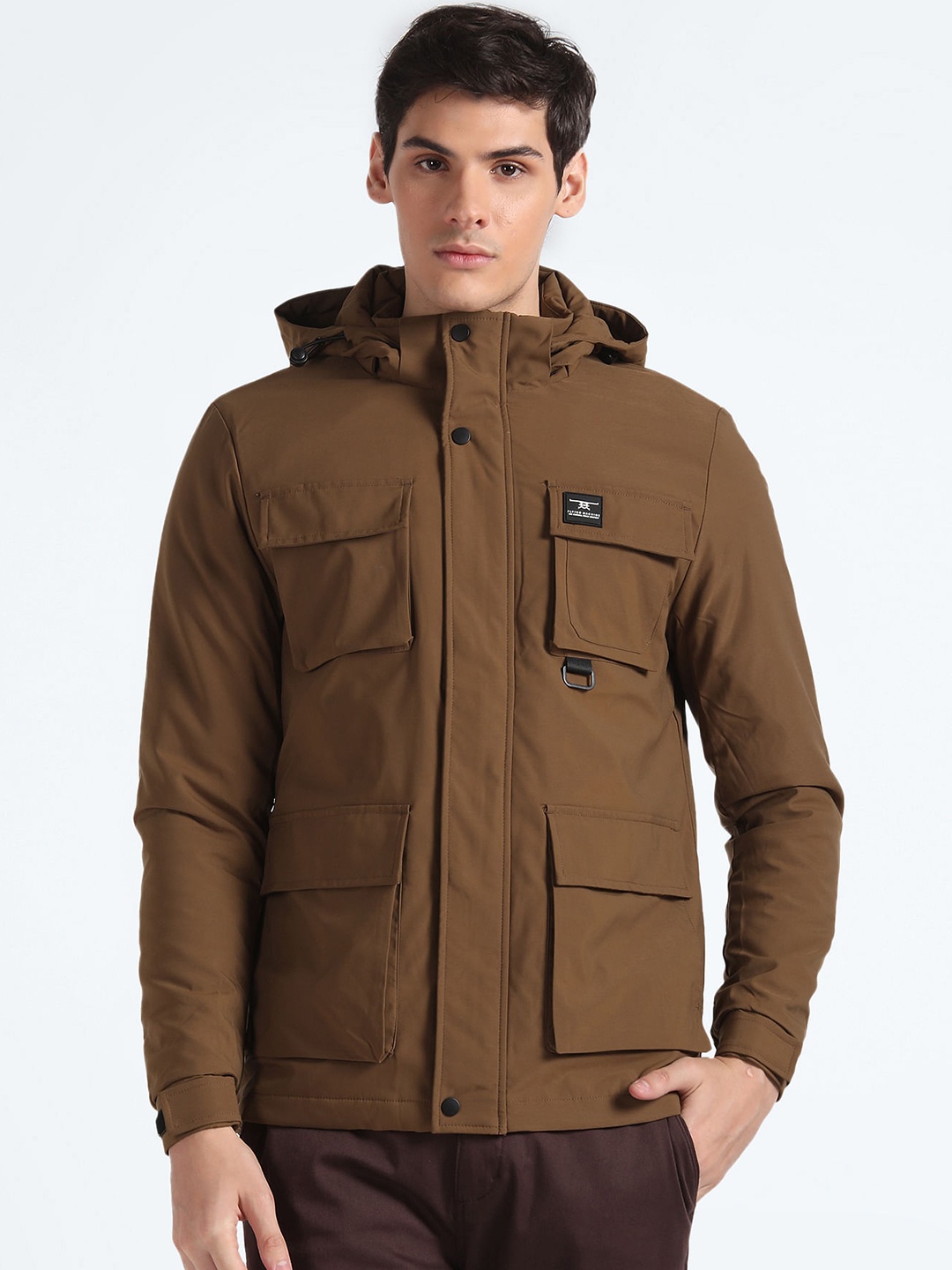 

Flying Machine Hooded Long Sleeves Open Front Jacket, Brown