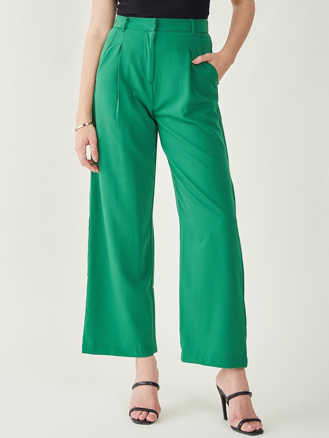 

JUNE & HARRY Women Relaxed Straight Fit High-Rise Parallel Trousers, Green