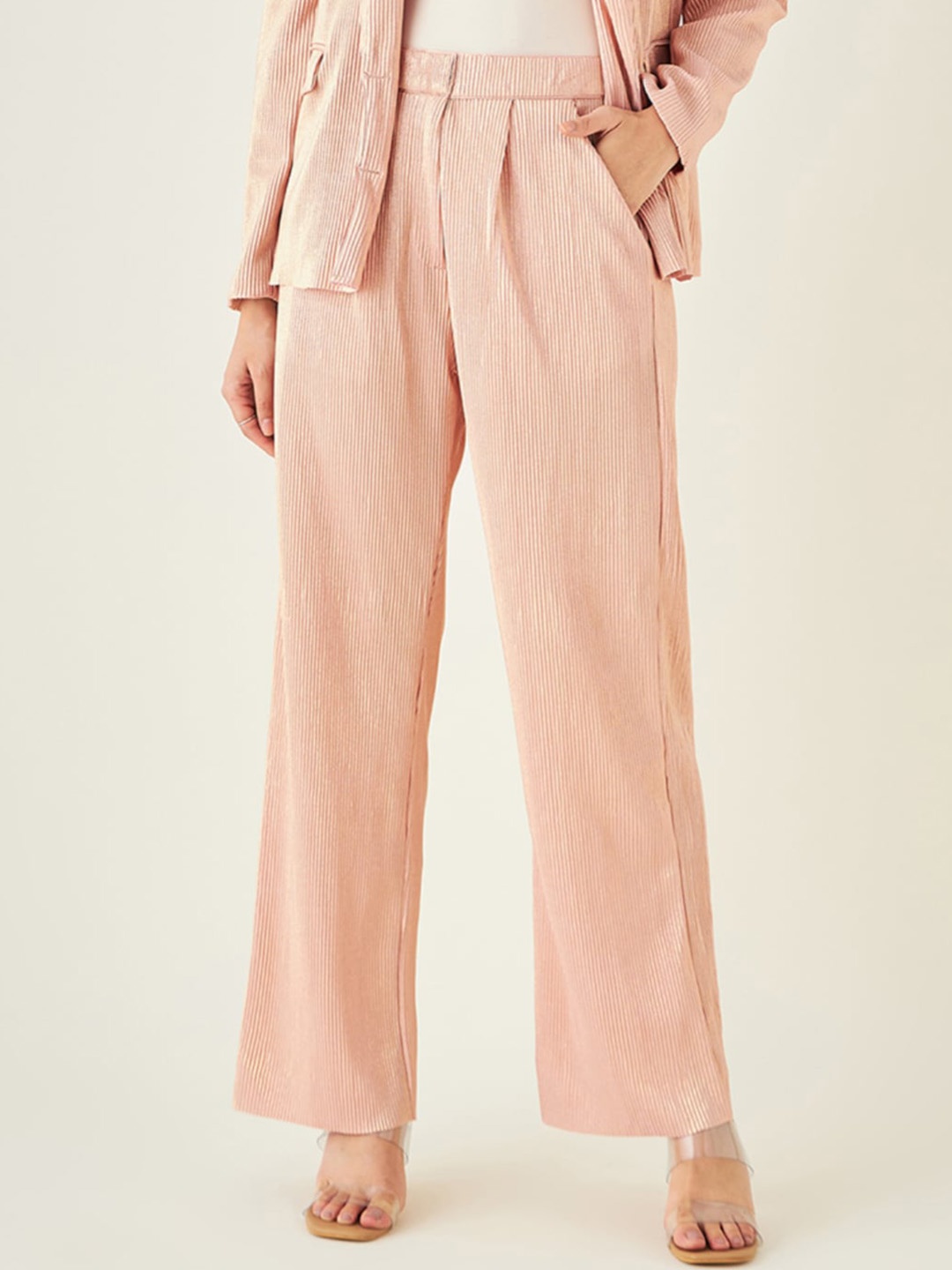 

JUNE & HARRY Women Relaxed Straight Fit Self Design High-Rise Parallel Trousers, Peach