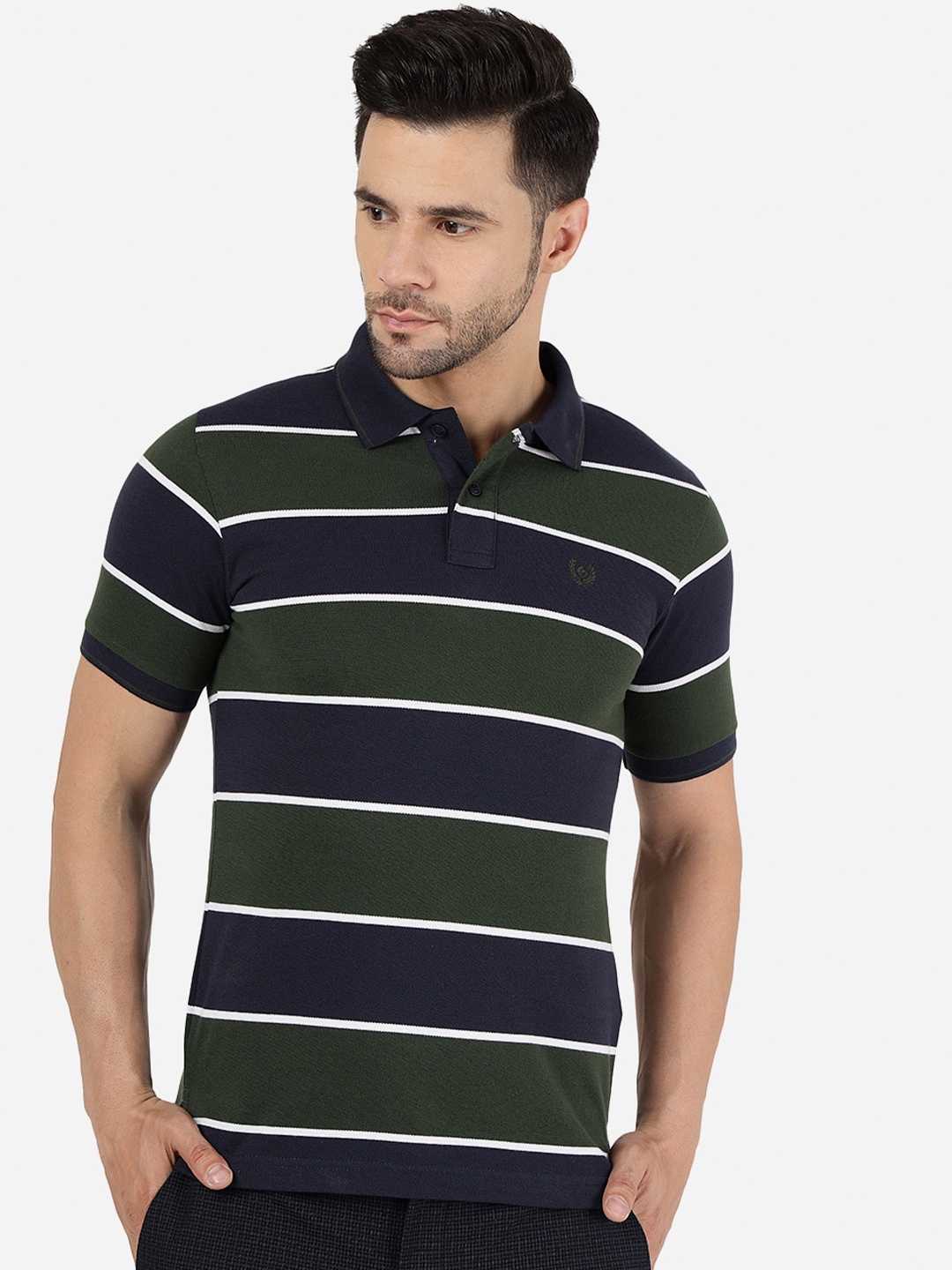 

Greenfibre Colourblocked Polo Collar Cotton Slim Fit T-shirt, Navy blue