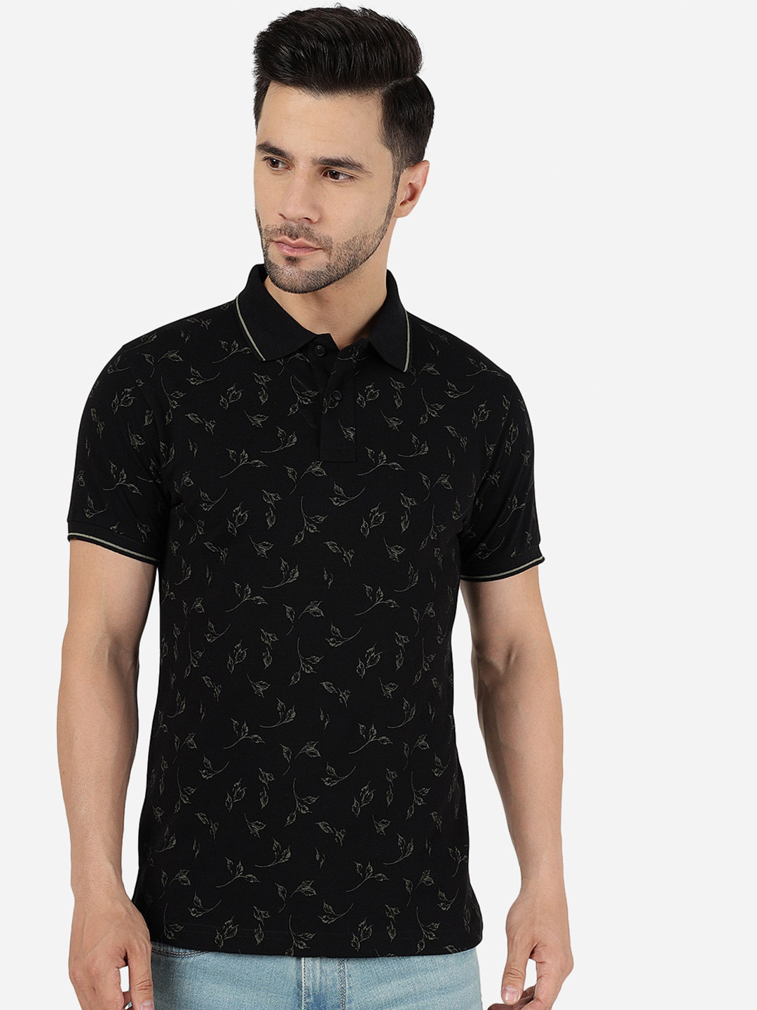 

Greenfibre Floral Printed Polo Collar Slim Fit T-shirt, Black