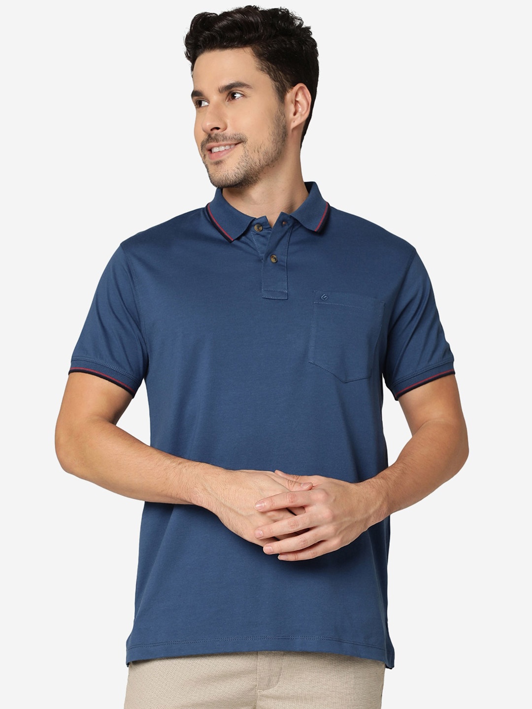

Greenfibre Slim Fit Polo Collar Pockets Detail Cotton T-shirt, Blue