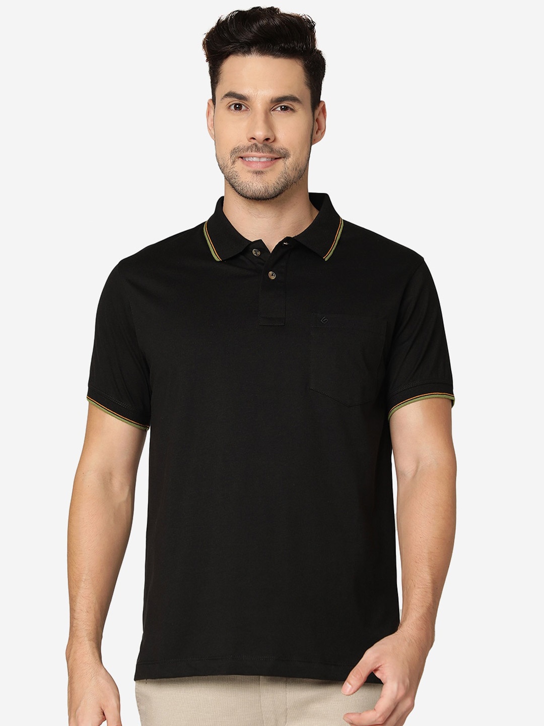 

Greenfibre Slim Fit Polo Collar Pockets Detail Cotton T-shirt, Black