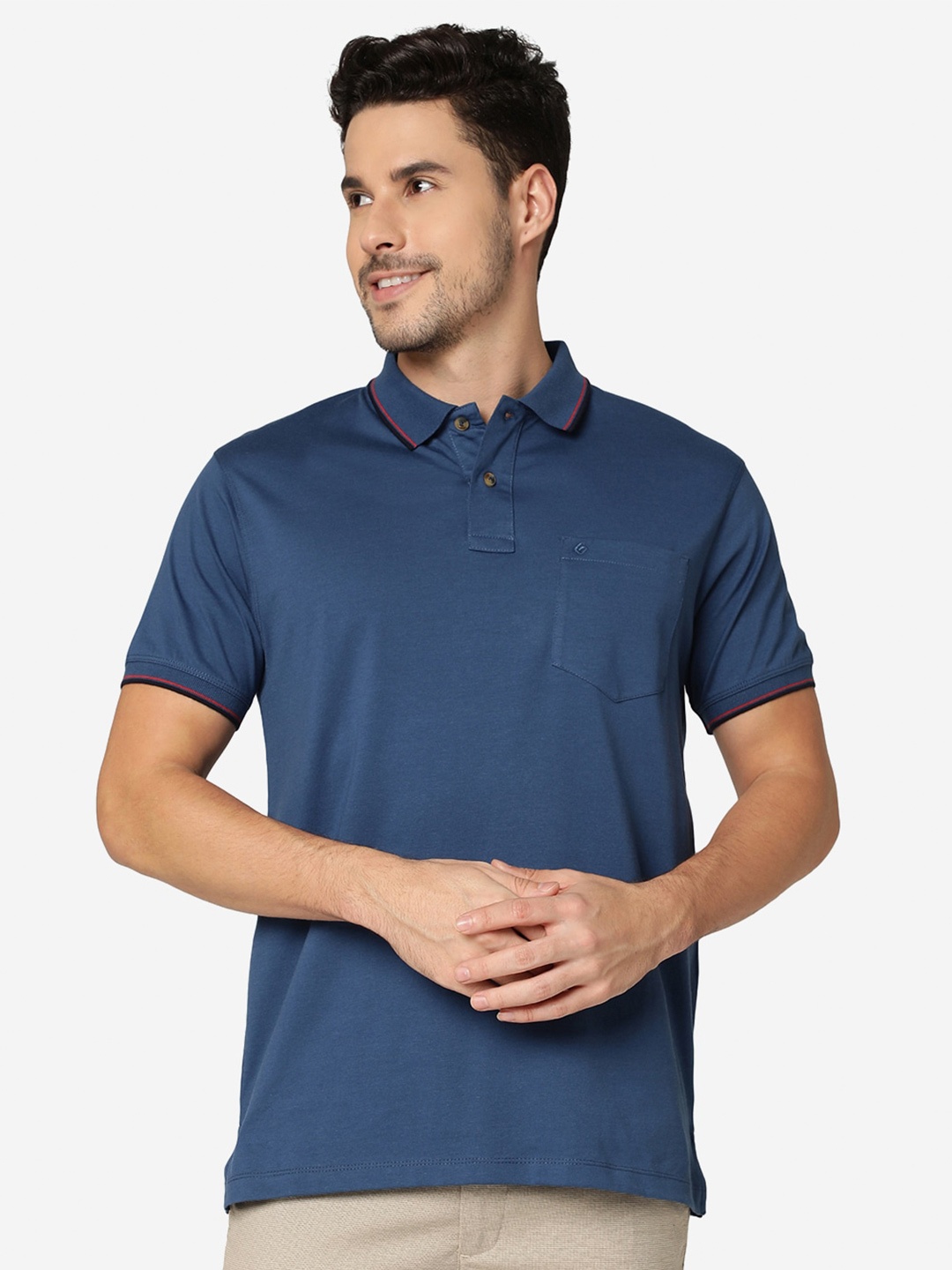 

Greenfibre Slim Fit Polo Collar Pockets Detail Cotton T-shirt, Blue