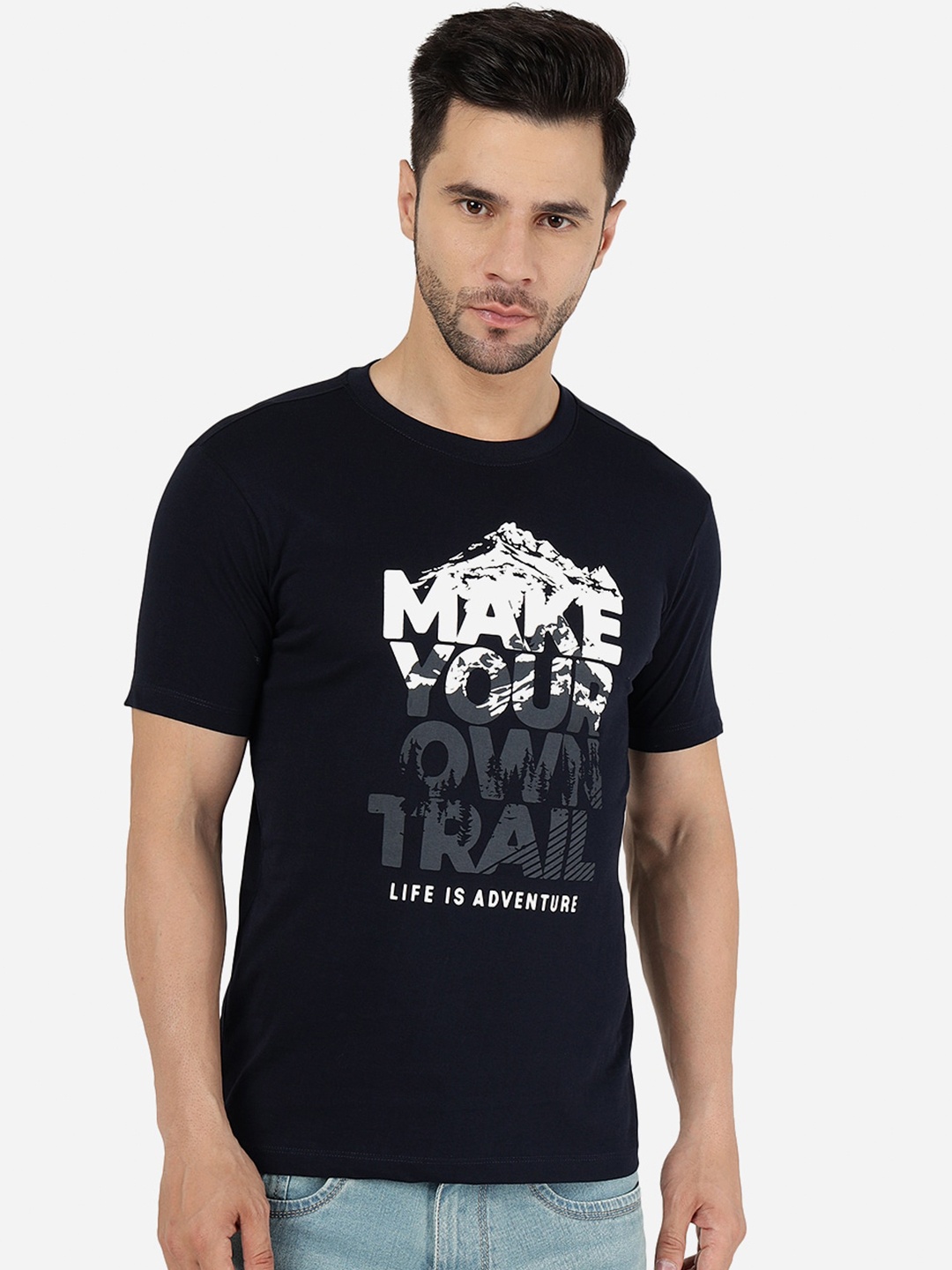

Greenfibre Typography Printed Slim Fit Cotton T-shirt, Blue