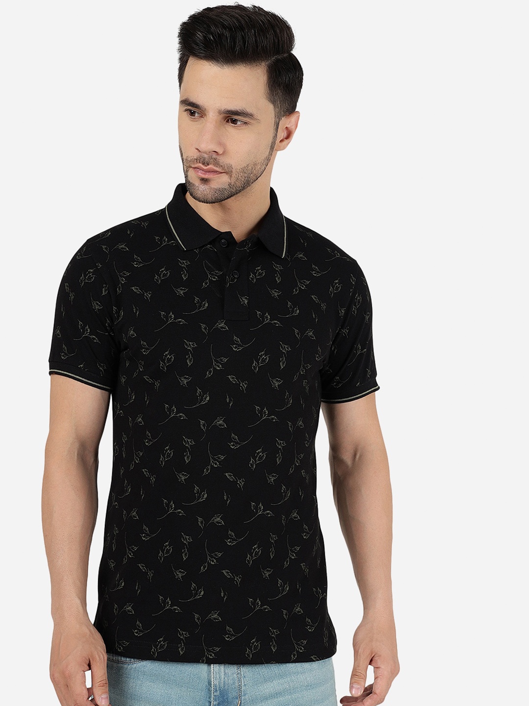 

Greenfibre Floral Printed Polo Collar Slim Fit Cotton T-shirt, Black