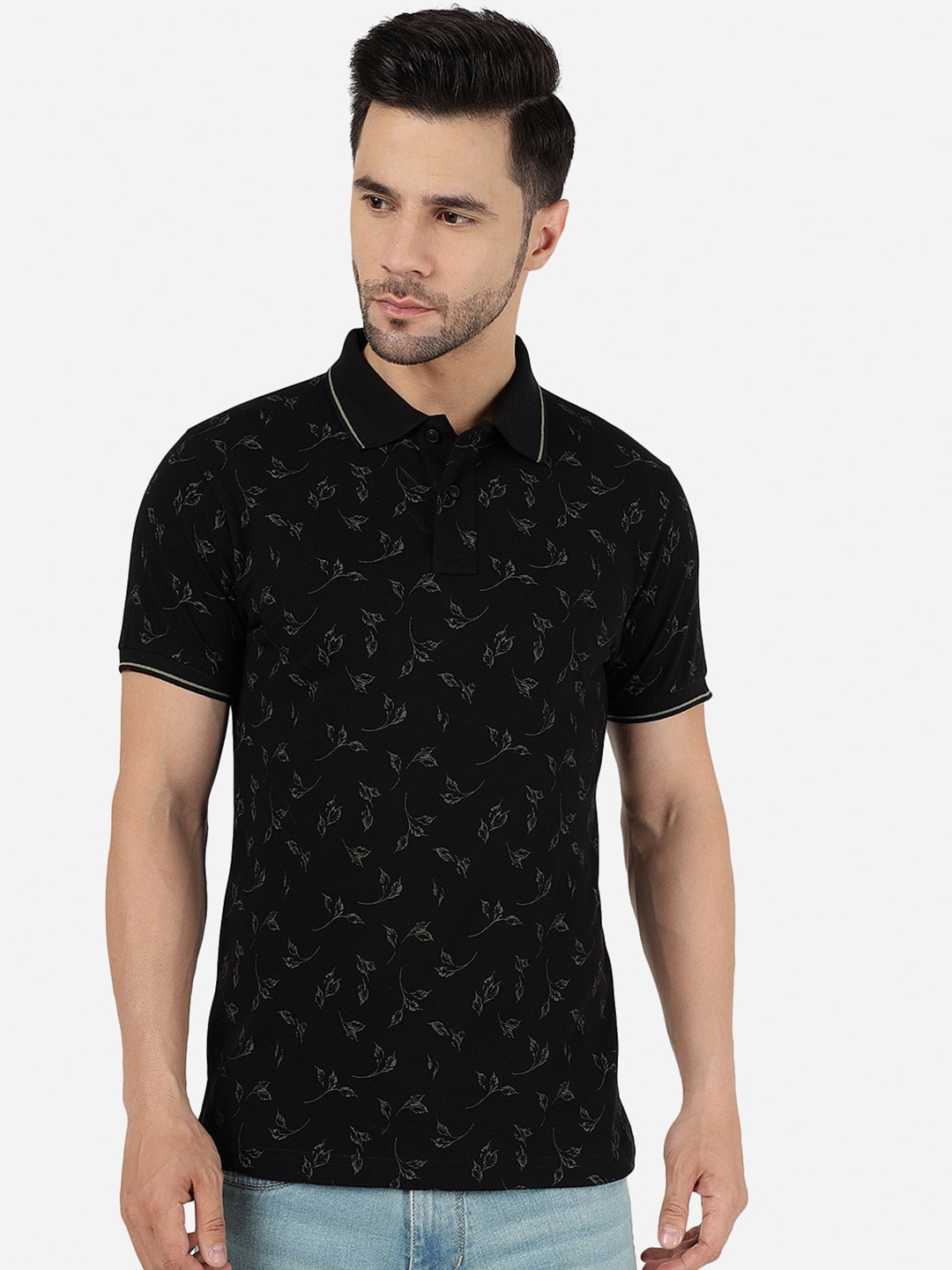 

Greenfibre Floral Printed Polo Collar Cotton Slim Fit T-shirt, Black