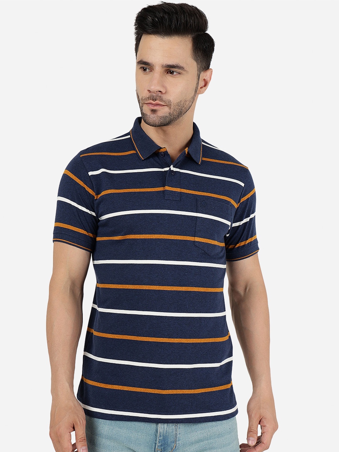

Greenfibre Striped Polo Collar Slim Fit Casual T-shirt, Navy blue