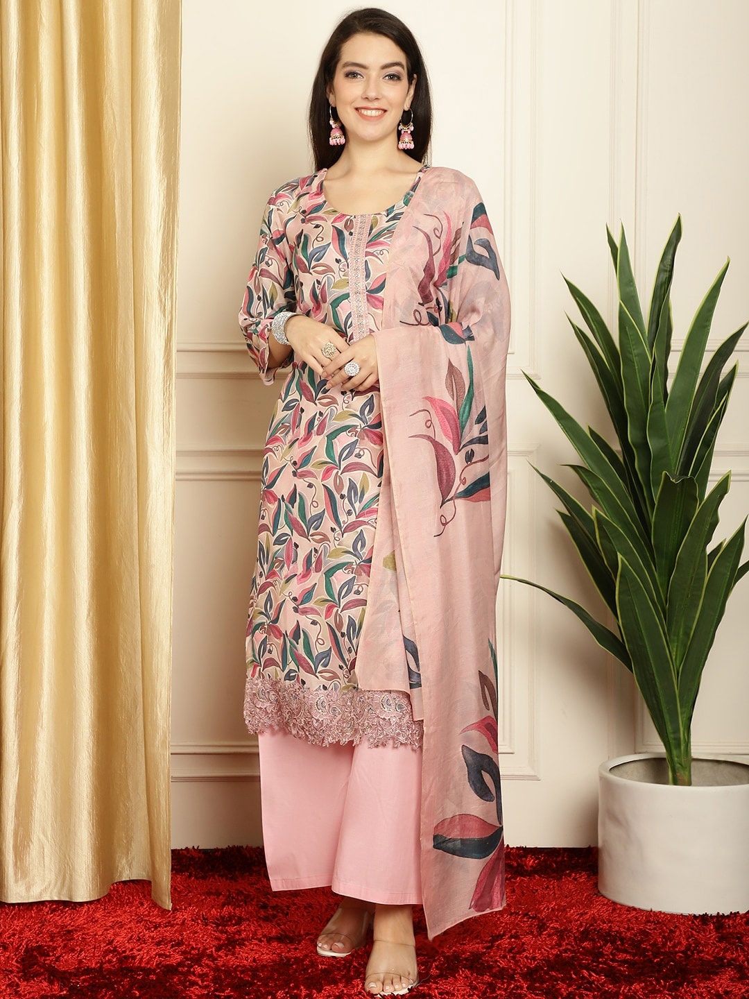 

Stylee LIFESTYLE Floral Printed Thread Work Detailed Pure Silk Unstitched Dress Material, Pink