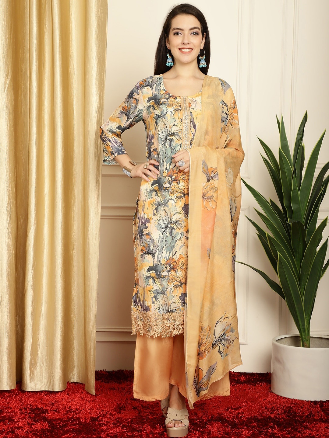 

Stylee LIFESTYLE Floral Printed Thread Work Detailed Pure Silk Unstitched Dress Material, Beige