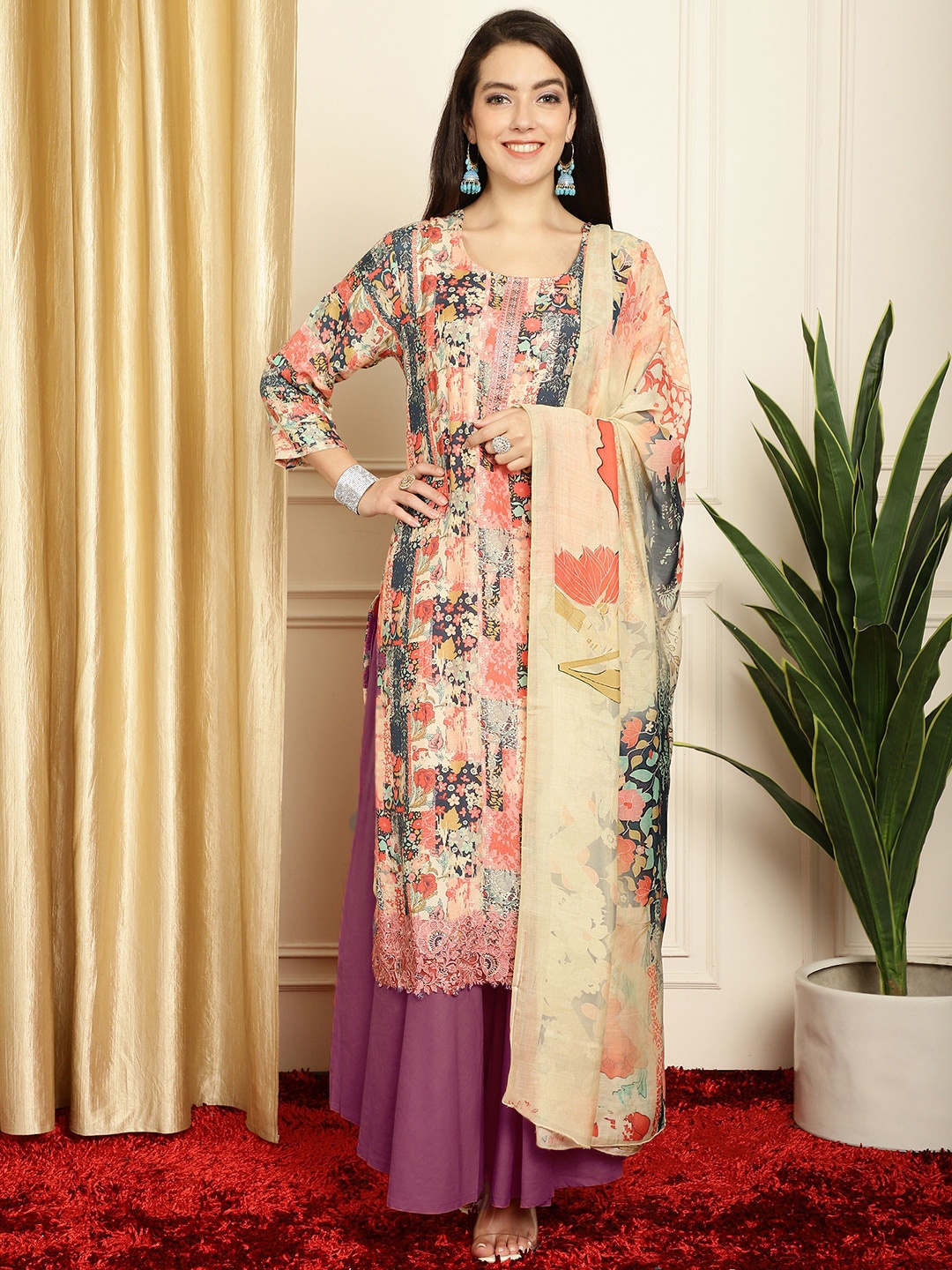 

Stylee LIFESTYLE Floral Printed Thread Work Detailed Pure Silk Unstitched Dress Material, Cream