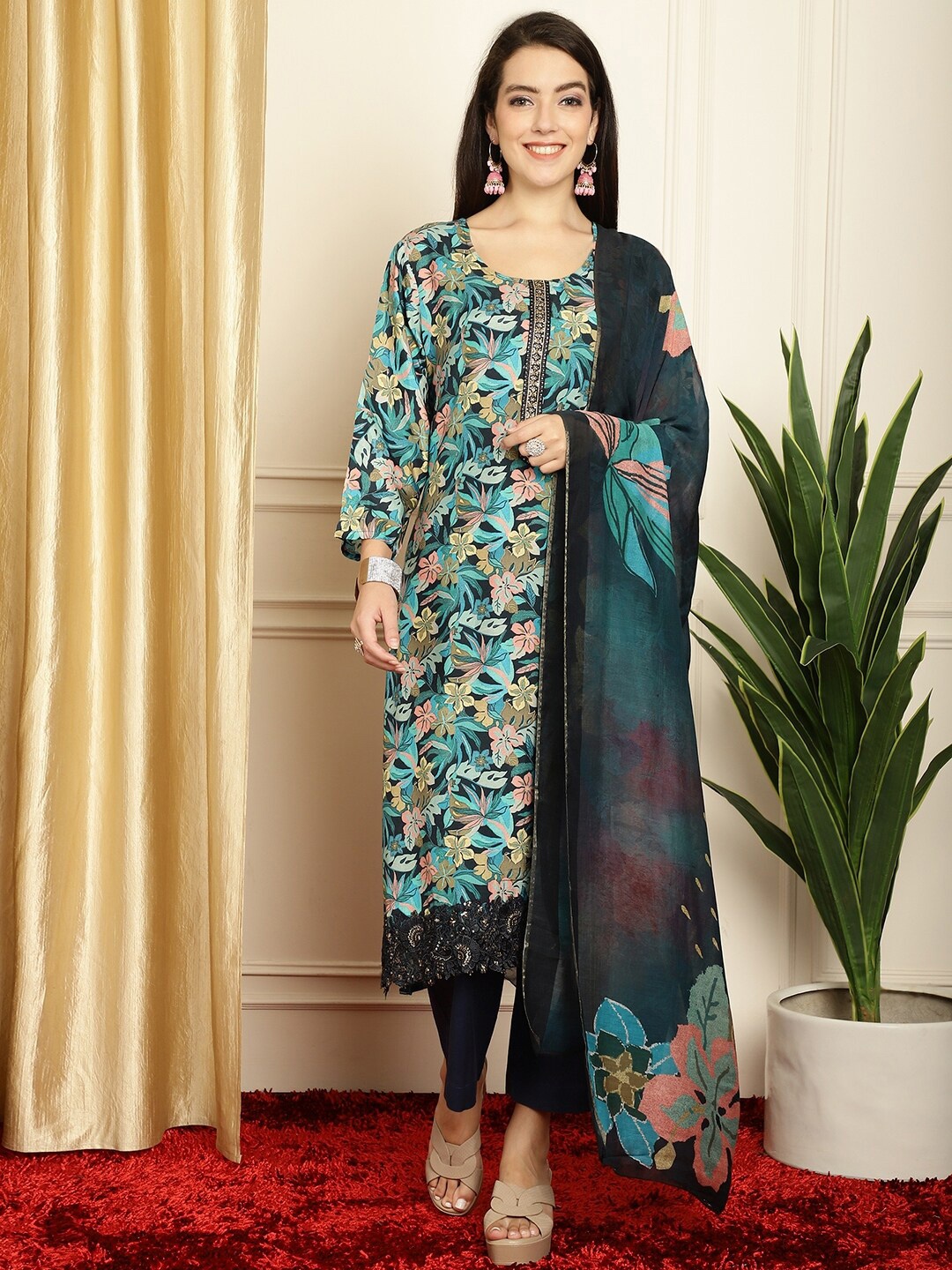 

Stylee LIFESTYLE Floral Printed Thread Work Detailed Pure Silk Unstitched Dress Material, Navy blue