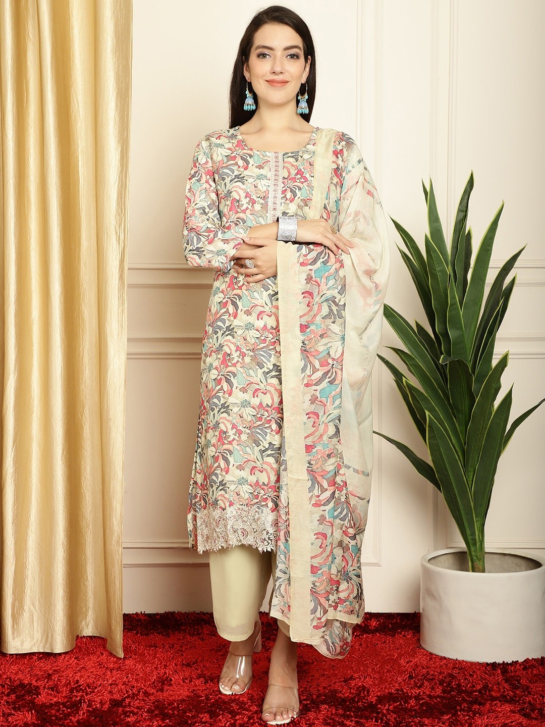 

Stylee LIFESTYLE Floral Printed Thread Work Detailed Pure Silk Unstitched Dress Material, Green