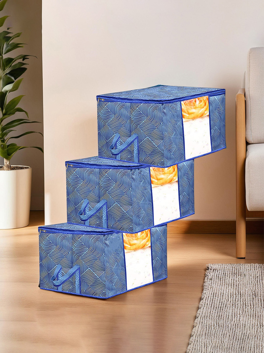 

Kuber Industries Blue 3 Pieces Printed Foldable Non-Woven Multi-Utility Organisers