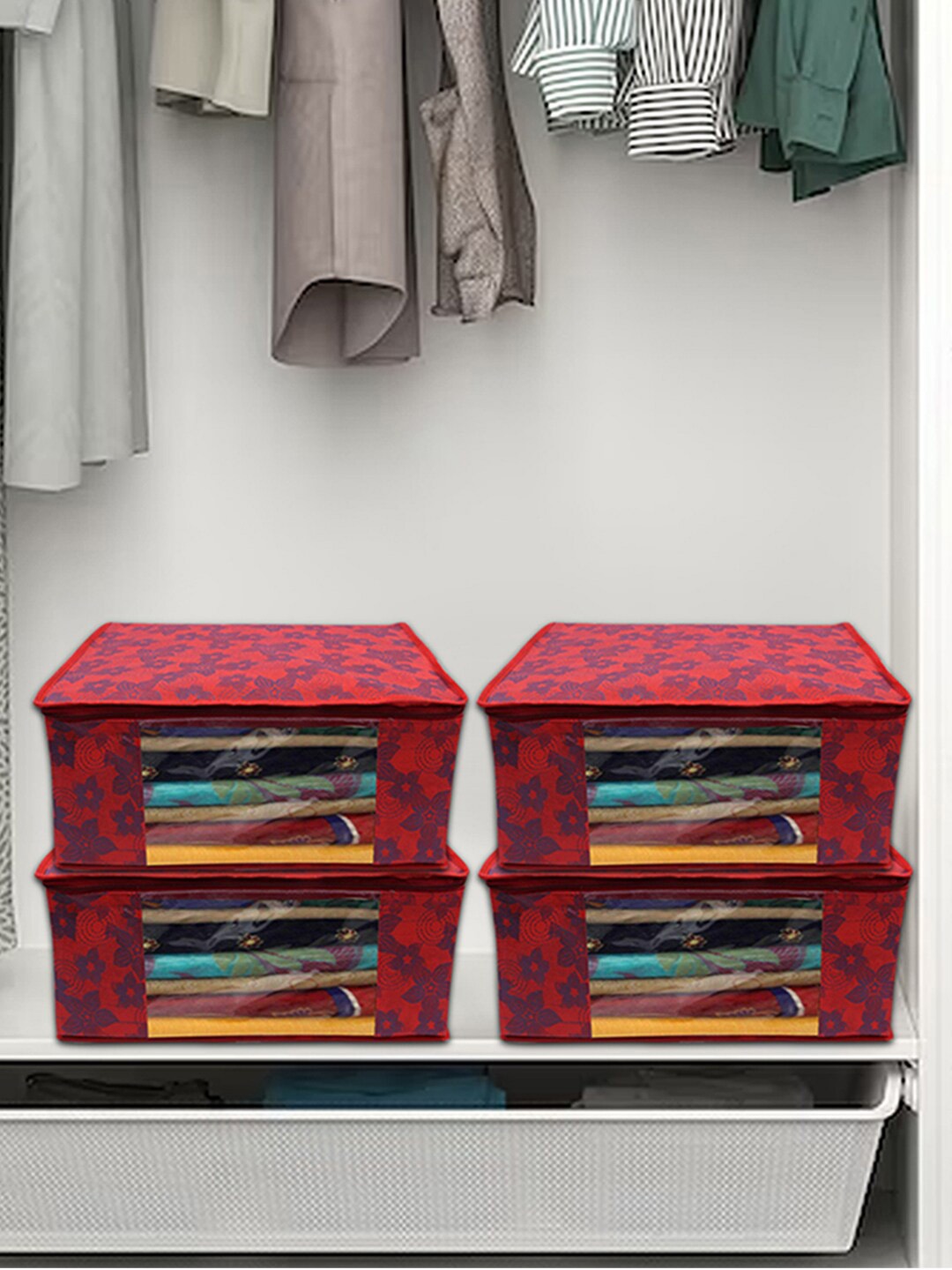 

Kuber Industries Red 12 Pieces Floral Printed Foldable Non-Woven Multi-Utility Organisers