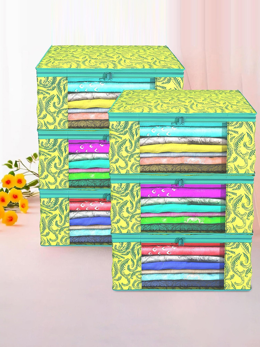 

Kuber Industries Green 6 Pieces Floral Printed Foldable Non-Woven Multi-Utility Organisers