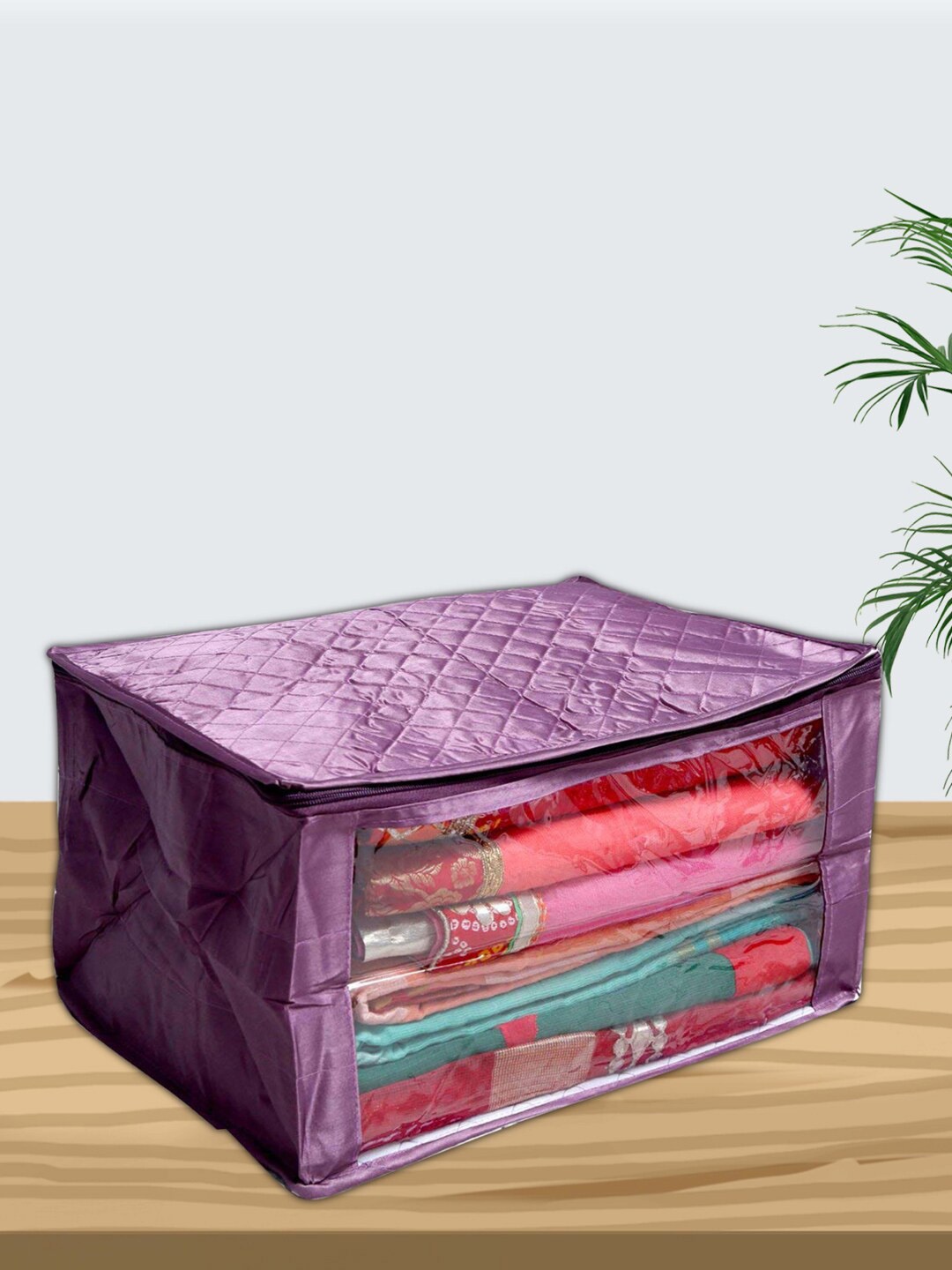

Kuber Industries Purple 2 Pieces Quilted Satin Foldable Multi-Utility Organisers