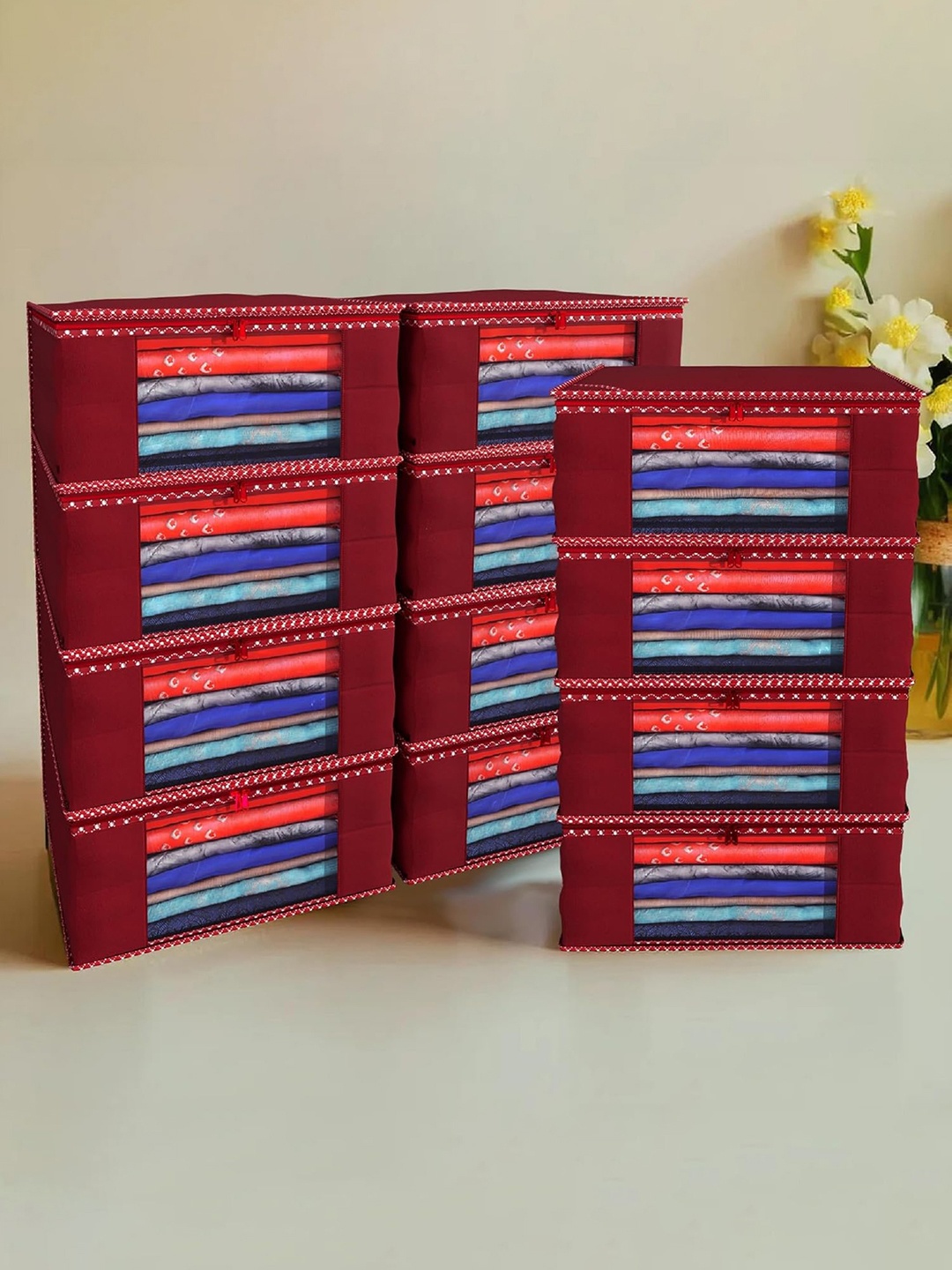 

Kuber Industries Maroon 12 Pieces Foldable Non-Woven Multi-Utility Organisers