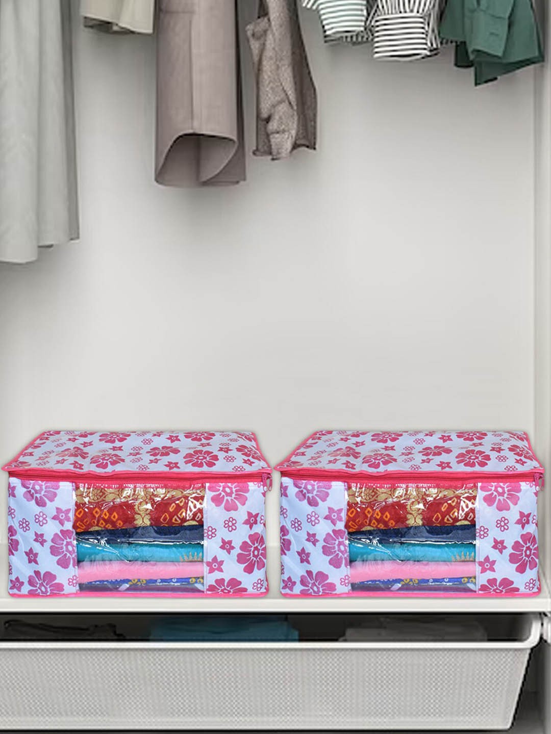 

Kuber Industries Pink & White 9 Pieces Floral Printed Foldable Covers