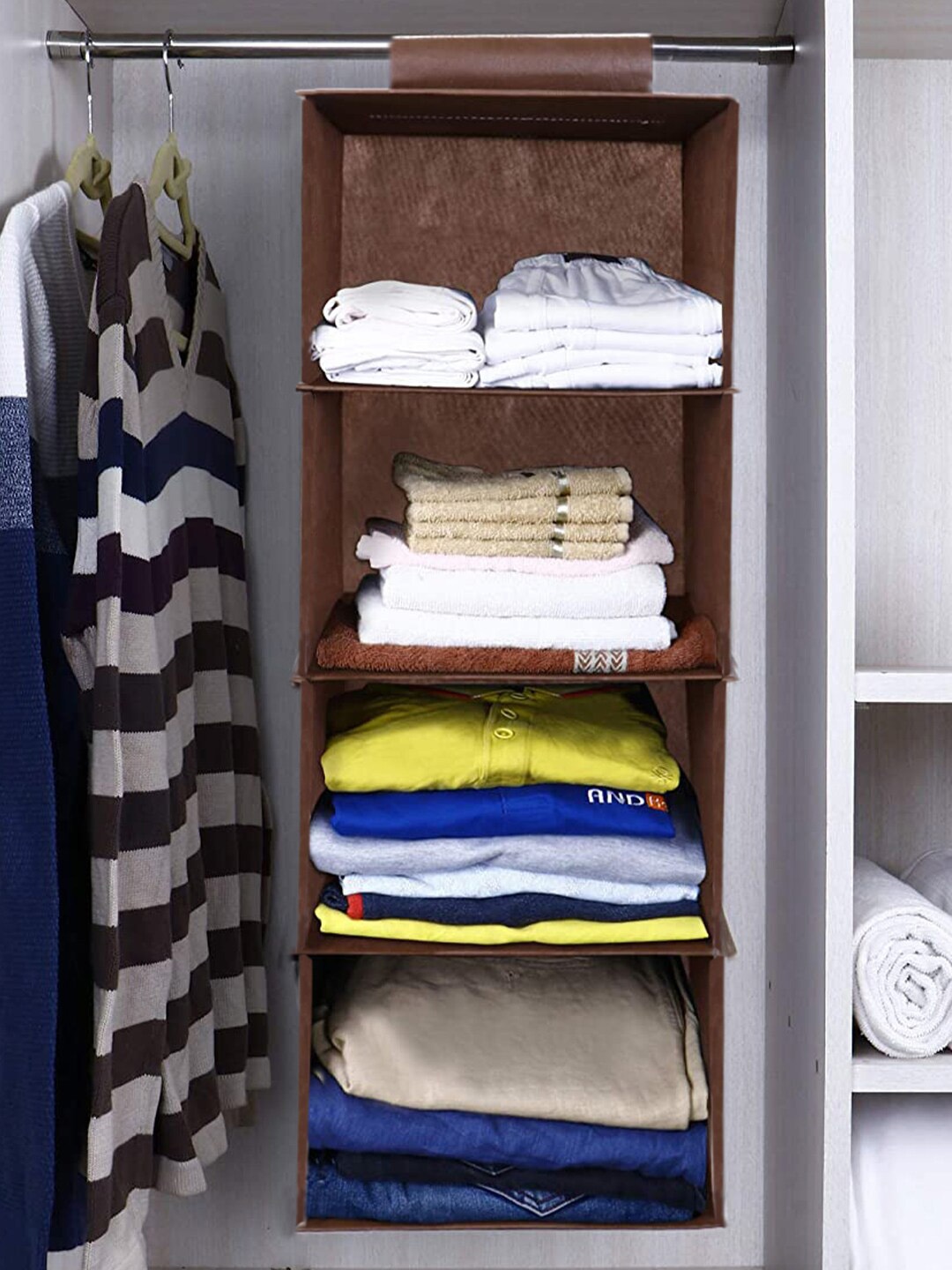 

Kuber Industries Brown 2 Pieces Hanging 4 Shelves Foldable Wardrobe Organizer