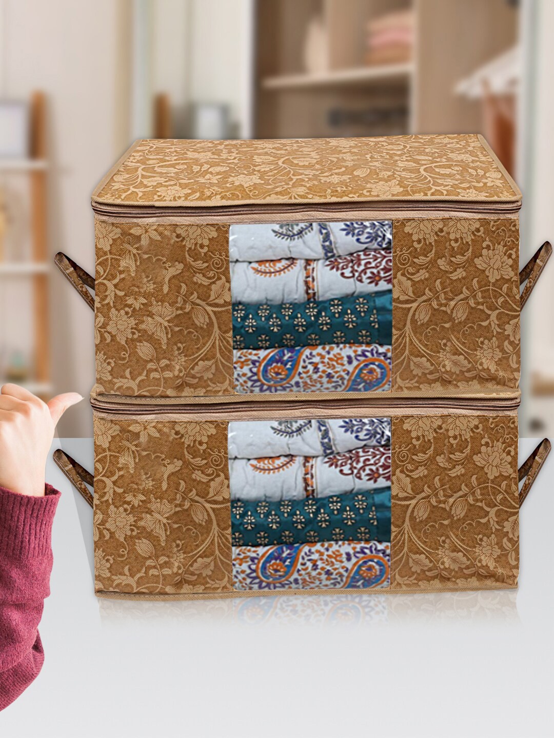 

Kuber Industries Beige 4 Pieces Printed Underbed Storage Bag