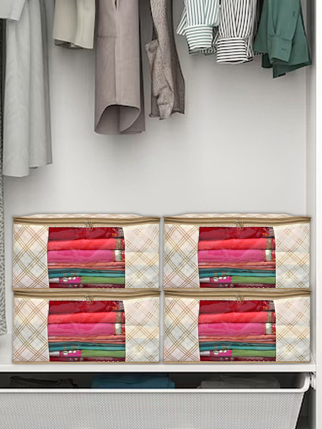 

Kuber Industries 9-Pcs Beige Checked Saree Organizers With Zip