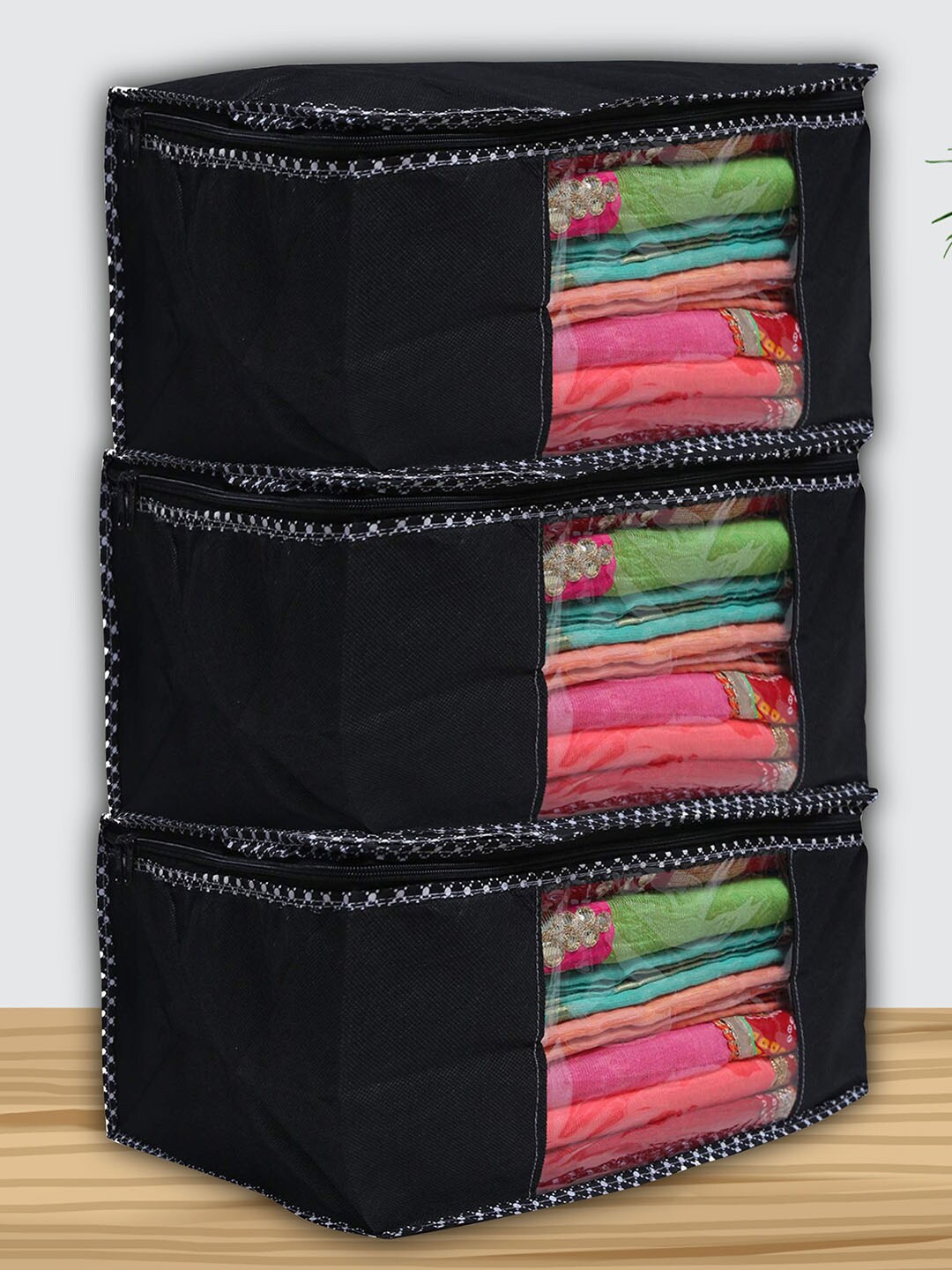 

Kuber Industries Black 3 Pieces Non Woven Fabric Saree Organisers